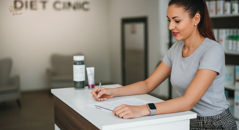 Holistic weight management concept with scales and healthy lifestyle elements